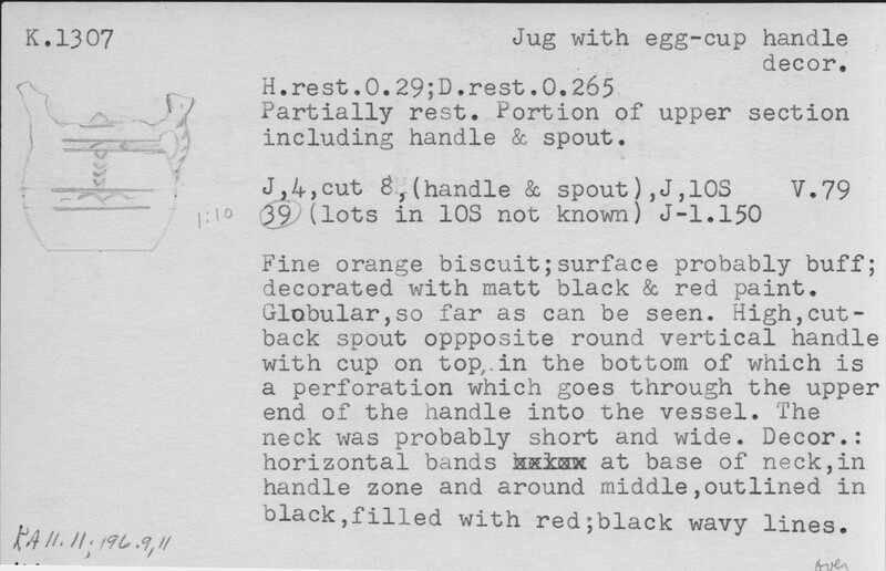 Index card with typed and handwritten information, sometimes including a sketch, of pottery from an excavation.