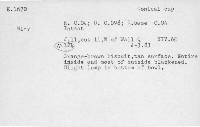 Index card with typed and handwritten information, sometimes including a sketch, of pottery from an excavation.