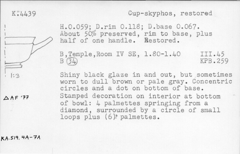 Index card with typed and handwritten information, sometimes including a sketch, of pottery from an excavation.