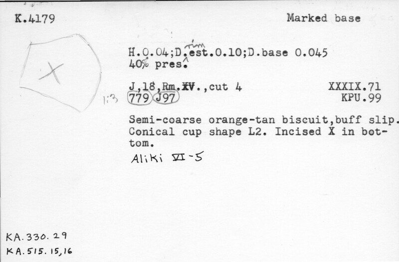 Index card with typed and handwritten information, sometimes including a sketch, of pottery from an excavation.