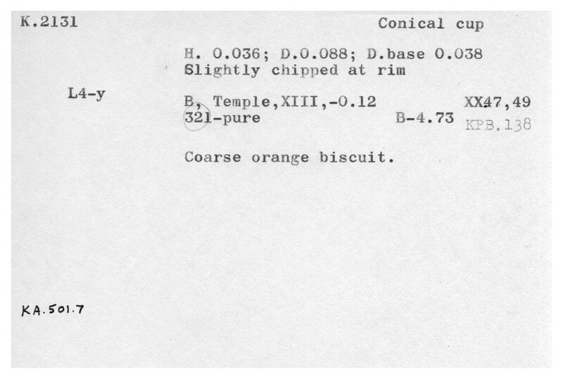 Index card with typed and handwritten information, sometimes including a sketch, of pottery from an excavation.