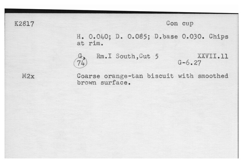 Index card with typed and handwritten information, sometimes including a sketch, of pottery from an excavation.