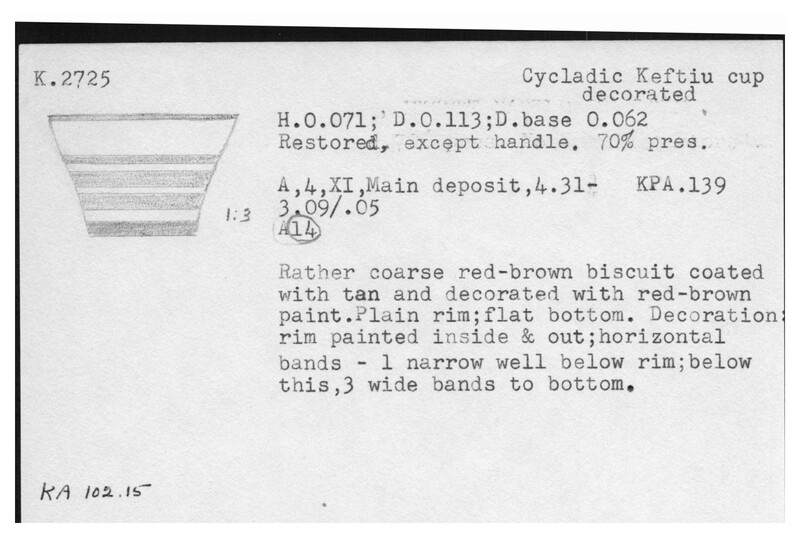 Index card with typed and handwritten information, sometimes including a sketch, of pottery from an excavation.