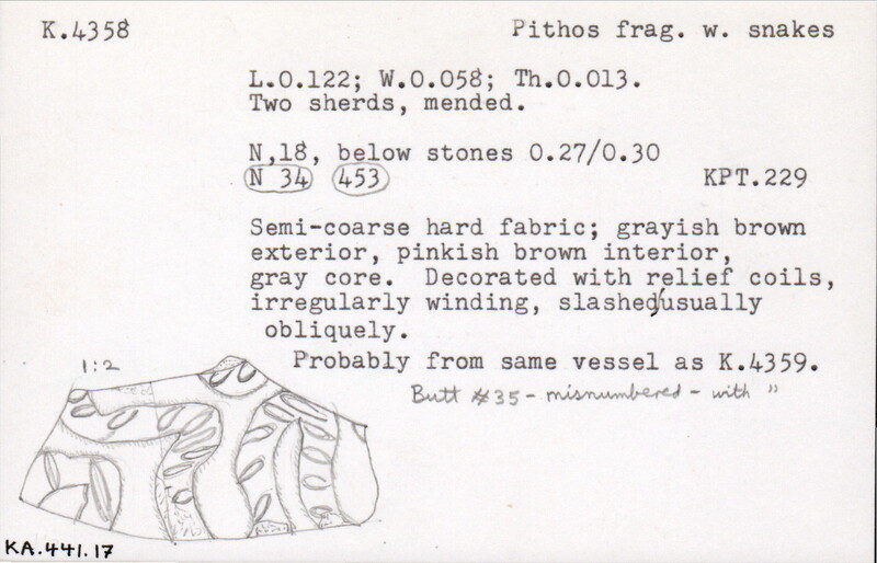 Index card with typed and handwritten information, sometimes including a sketch, of pottery from an excavation.