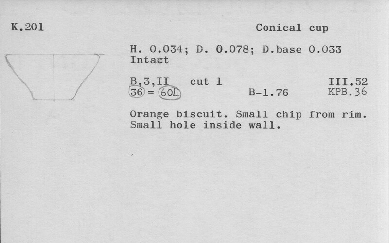 Index card with typed and handwritten information, sometimes including a sketch, of pottery from an excavation.