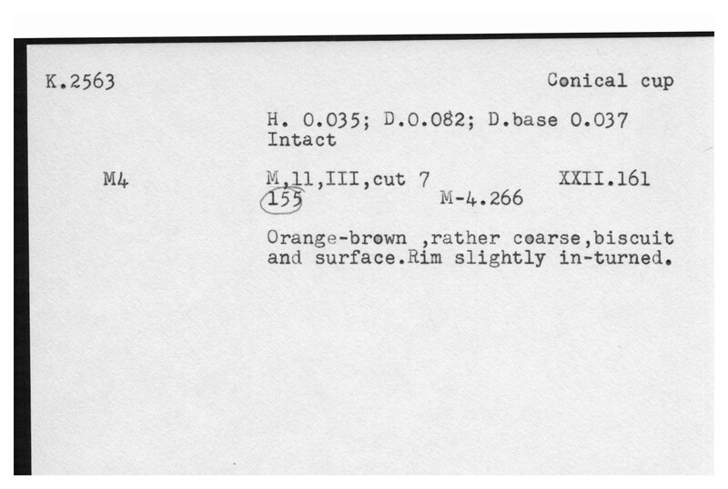 Index card with typed and handwritten information, sometimes including a sketch, of pottery from an excavation.