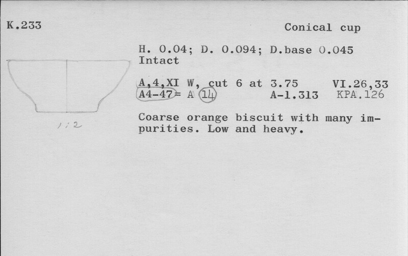 Index card with typed and handwritten information, sometimes including a sketch, of pottery from an excavation.