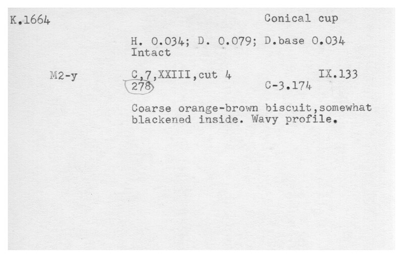 Index card with typed and handwritten information, sometimes including a sketch, of pottery from an excavation.