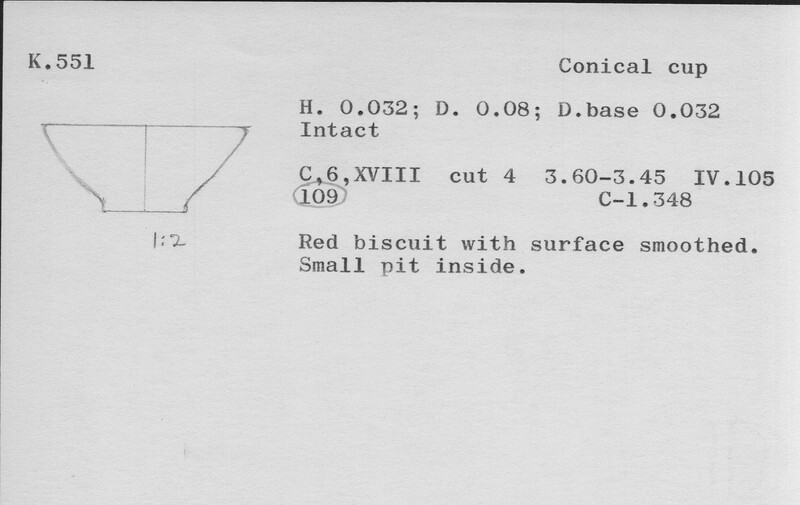 Index card with typed and handwritten information, sometimes including a sketch, of pottery from an excavation.