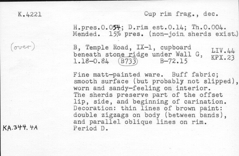 Index card with typed and handwritten information, sometimes including a sketch, of pottery from an excavation.