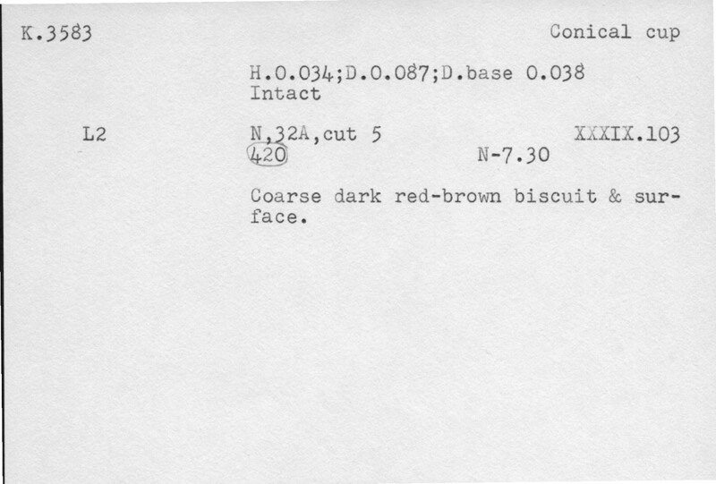 Index card with typed and handwritten information, sometimes including a sketch, of pottery from an excavation.