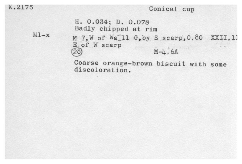 Index card with typed and handwritten information, sometimes including a sketch, of pottery from an excavation.