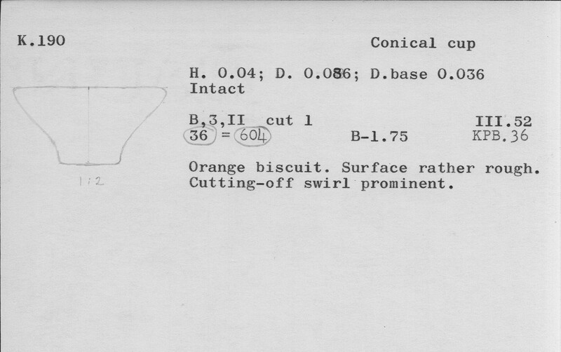 Index card with typed and handwritten information, sometimes including a sketch, of pottery from an excavation.