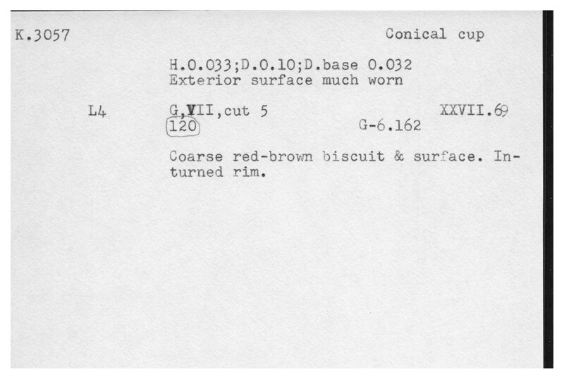Index card with typed and handwritten information, sometimes including a sketch, of pottery from an excavation.