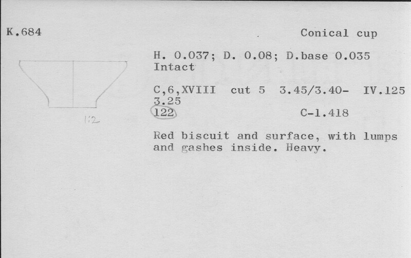 Index card with typed and handwritten information, sometimes including a sketch, of pottery from an excavation.