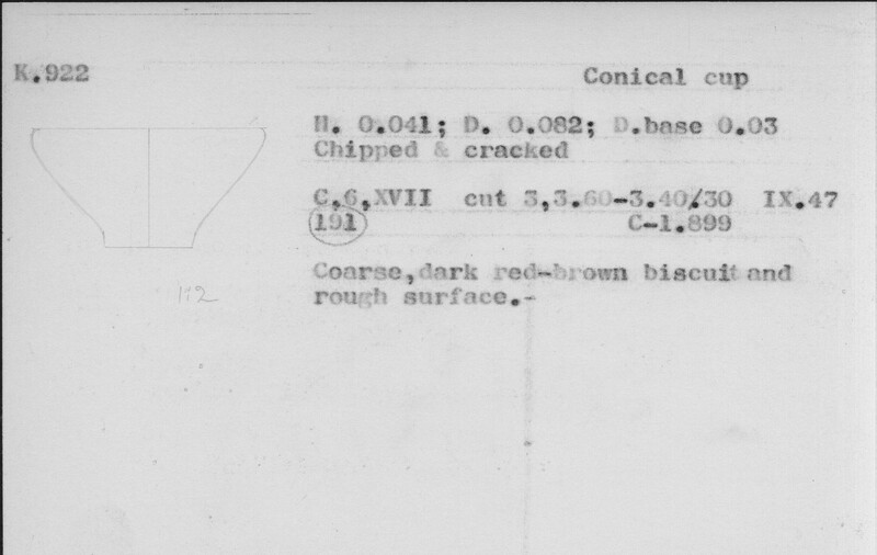 Index card with typed and handwritten information, sometimes including a sketch, of pottery from an excavation.