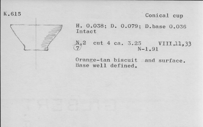 Index card with typed and handwritten information, sometimes including a sketch, of pottery from an excavation.