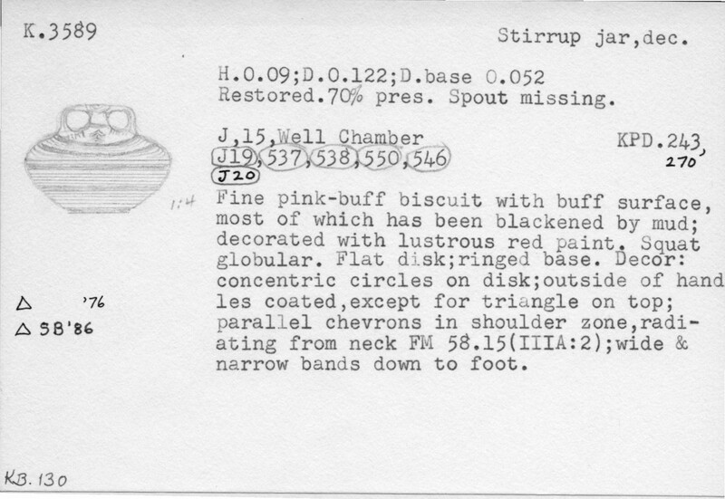 Index card with typed and handwritten information, sometimes including a sketch, of pottery from an excavation.