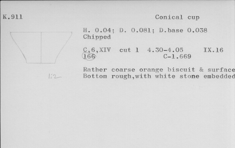 Index card with typed and handwritten information, sometimes including a sketch, of pottery from an excavation.