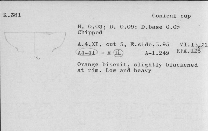 Index card with typed and handwritten information, sometimes including a sketch, of pottery from an excavation.