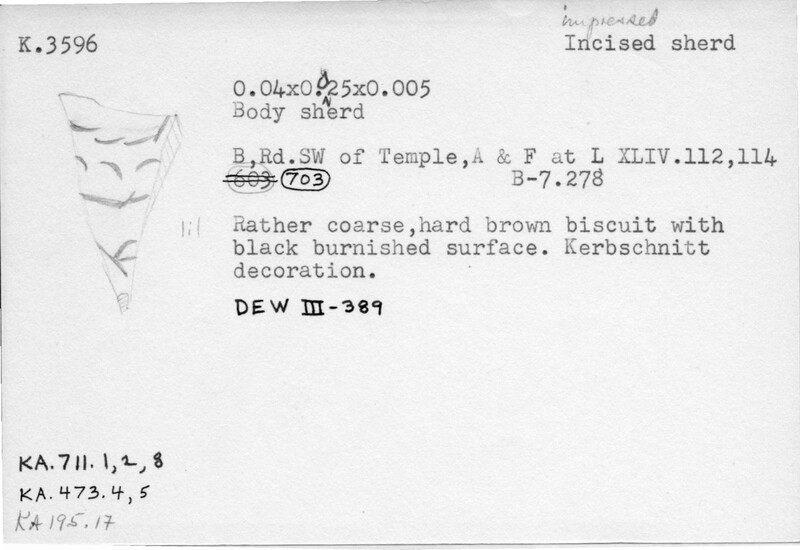 Index card with typed and handwritten information, sometimes including a sketch, of pottery from an excavation.