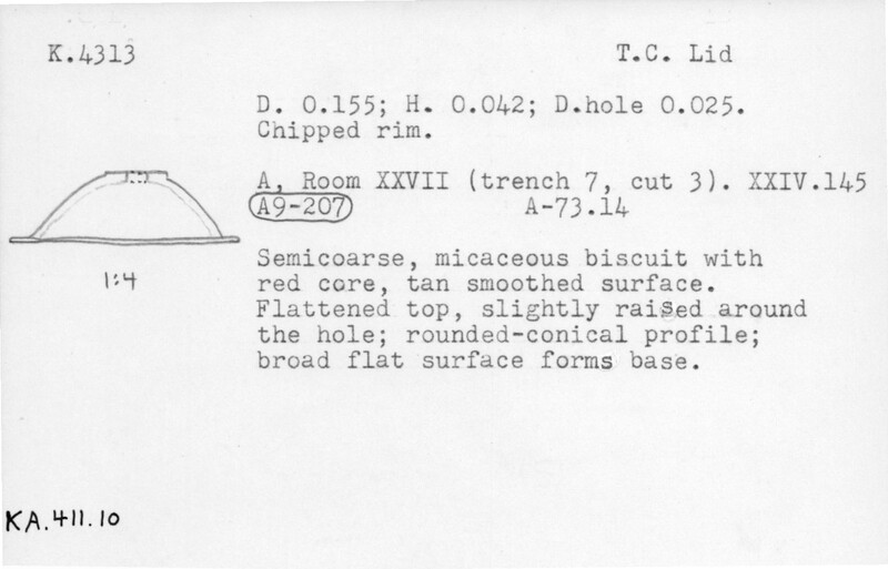 Index card with typed and handwritten information, sometimes including a sketch, of pottery from an excavation.