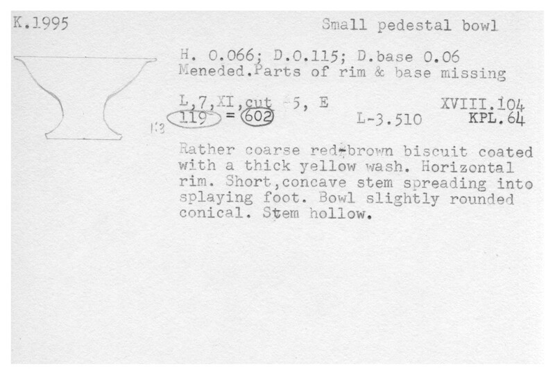 Index card with typed and handwritten information, sometimes including a sketch, of pottery from an excavation.