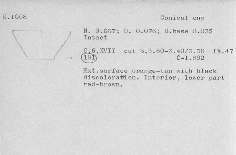 Index card with typed and handwritten information, sometimes including a sketch, of pottery from an excavation.