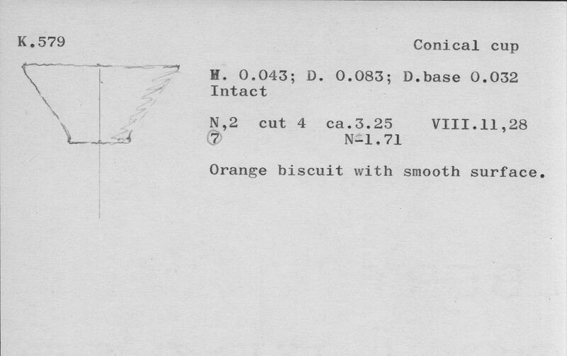 Index card with typed and handwritten information, sometimes including a sketch, of pottery from an excavation.