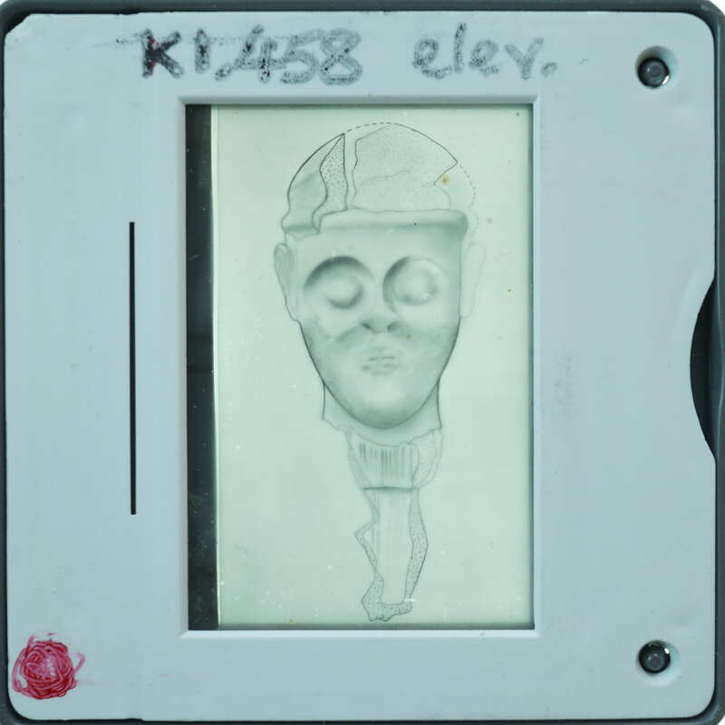 Elevation drawing of front of K1.458 figurine face and braids.