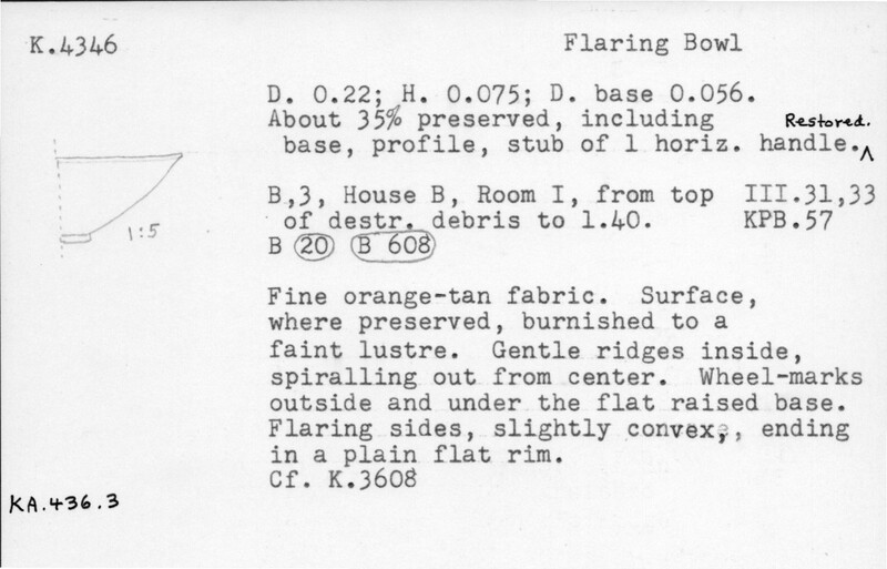 Index card with typed and handwritten information, sometimes including a sketch, of pottery from an excavation.