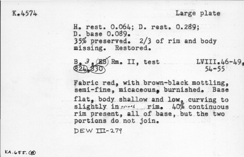 Index card with typed and handwritten information, sometimes including a sketch, of pottery from an excavation.