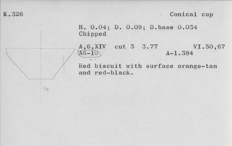 Index card with typed and handwritten information, sometimes including a sketch, of pottery from an excavation.