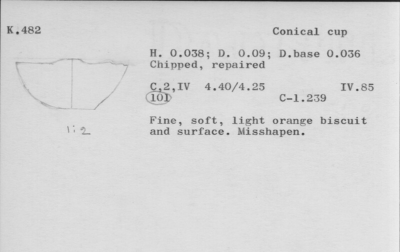 Index card with typed and handwritten information, sometimes including a sketch, of pottery from an excavation.