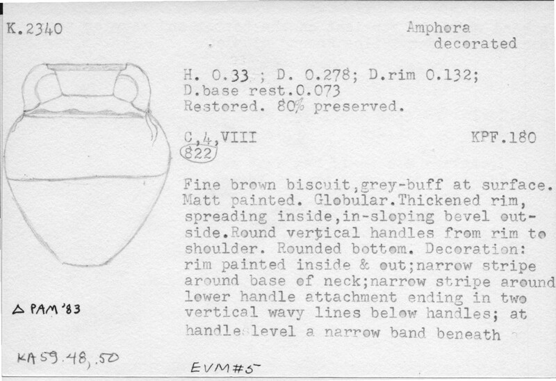 Index card with typed and handwritten information, sometimes including a sketch, of pottery from an excavation.