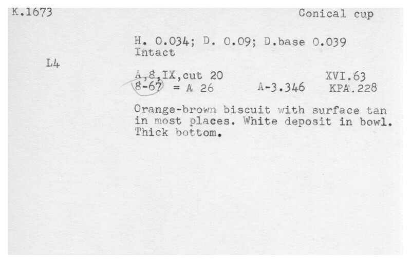 Index card with typed and handwritten information, sometimes including a sketch, of pottery from an excavation.