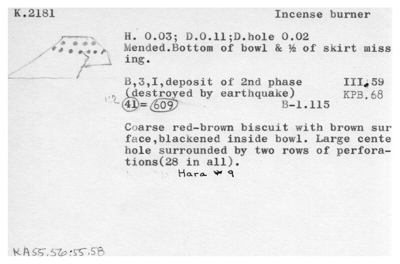 Index card with typed and handwritten information, sometimes including a sketch, of pottery from an excavation.