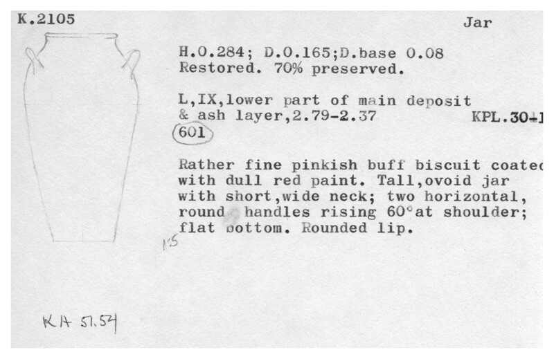 Index card with typed and handwritten information, sometimes including a sketch, of pottery from an excavation.