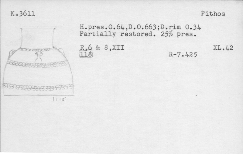 Index card with typed and handwritten information, sometimes including a sketch, of pottery from an excavation.