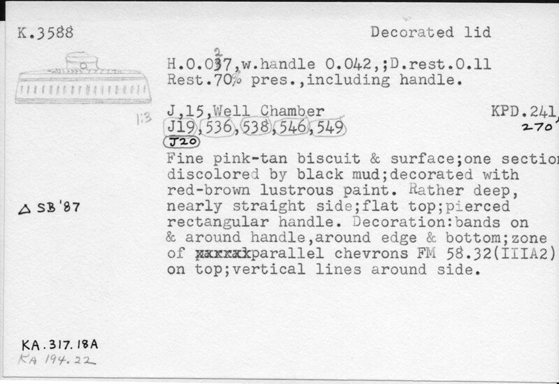 Index card with typed and handwritten information, sometimes including a sketch, of pottery from an excavation.