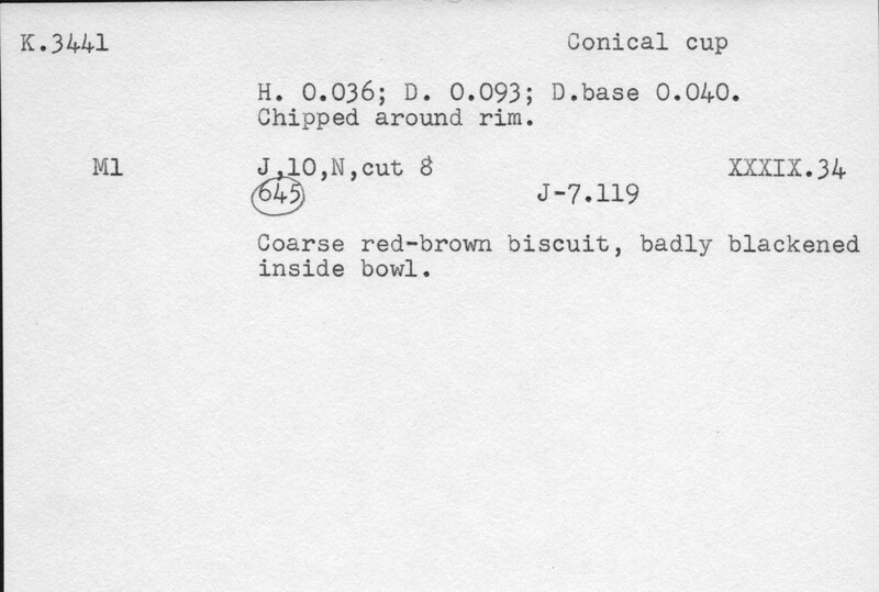 Index card with typed and handwritten information, sometimes including a sketch, of pottery from an excavation.