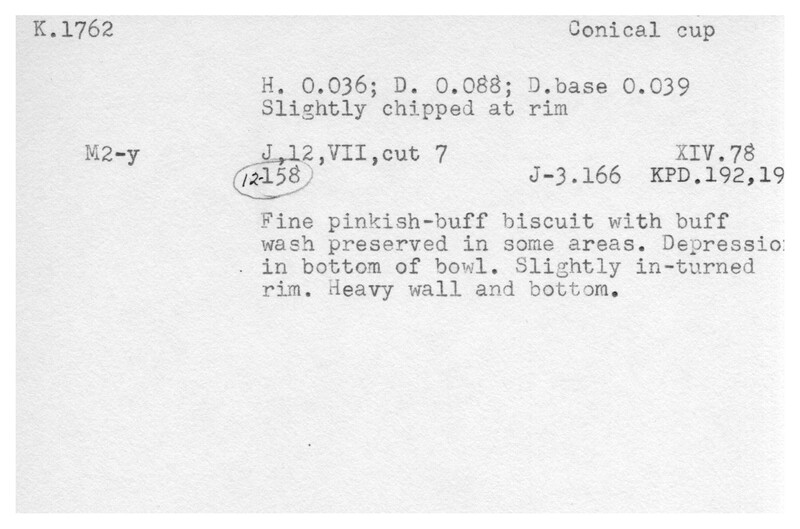 Index card with typed and handwritten information, sometimes including a sketch, of pottery from an excavation.