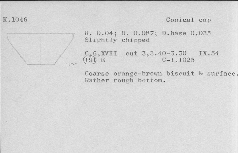 Index card with typed and handwritten information, sometimes including a sketch, of pottery from an excavation.