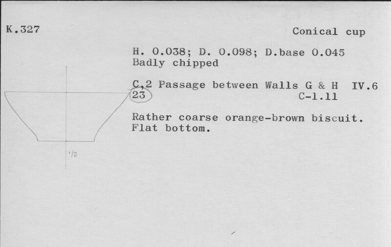 Index card with typed and handwritten information, sometimes including a sketch, of pottery from an excavation.