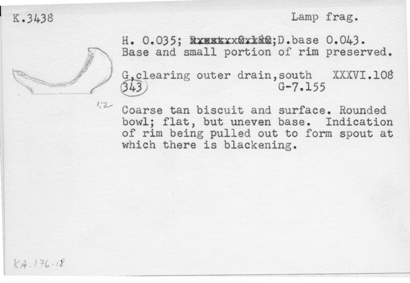 Index card with typed and handwritten information, sometimes including a sketch, of pottery from an excavation.