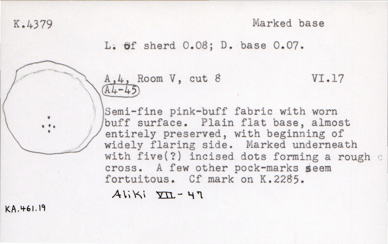 Index card with typed and handwritten information, sometimes including a sketch, of pottery from an excavation.
