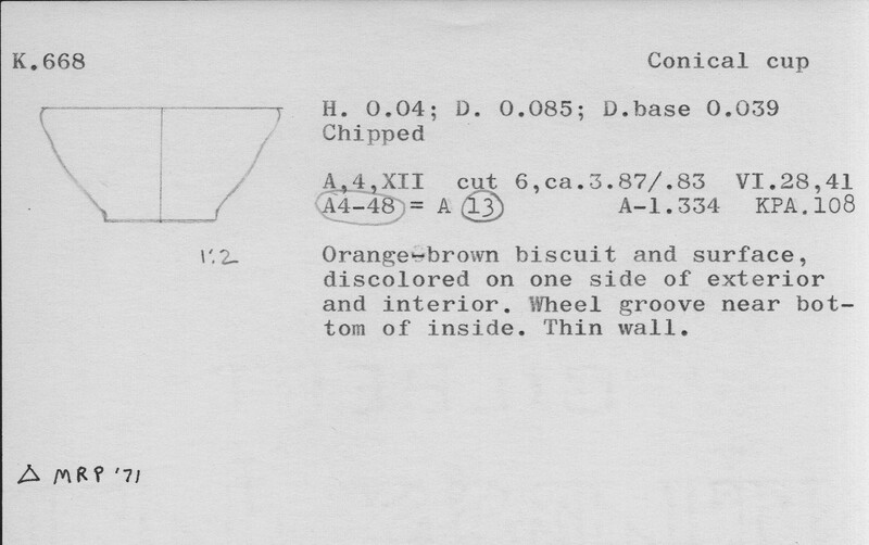Index card with typed and handwritten information, sometimes including a sketch, of pottery from an excavation.