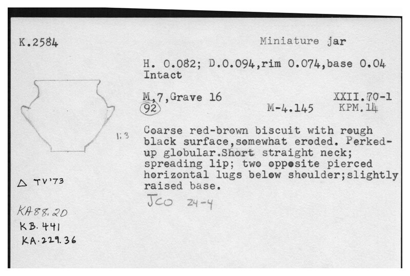 Index card with typed and handwritten information, sometimes including a sketch, of pottery from an excavation.