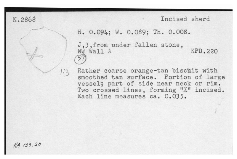 Index card with typed and handwritten information, sometimes including a sketch, of pottery from an excavation.