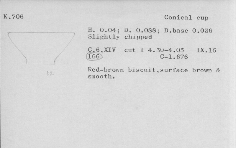 Index card with typed and handwritten information, sometimes including a sketch, of pottery from an excavation.